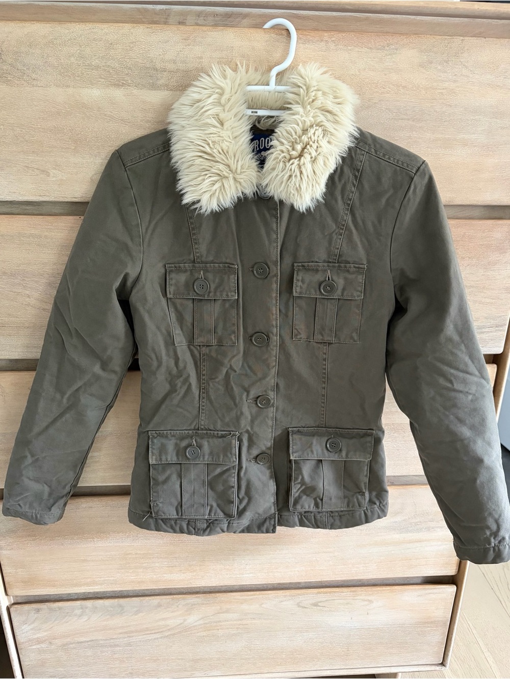Vintage Roots Olive Green Utility Jacket with Cream Faux-Fur Collar